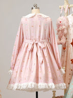 Pink Peter Pan Collar Bear & Cake Print Long-Sleeve OP Dress - Honey Village | CoyBunny
