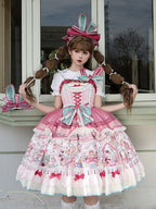 Pink & Green Alice Cat Vibes Sweet Lolita Jumper Skirt with Polka-dot Apron - Mewroco | CoyBunny