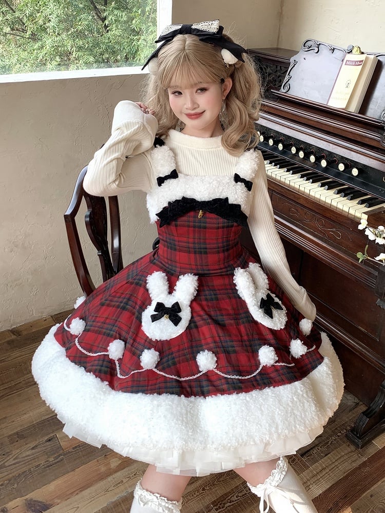 Red Plaid Pattern Winter Bunny Theme Christmas Lolita Dress Plush Neckline and Hemline | CoyBunny