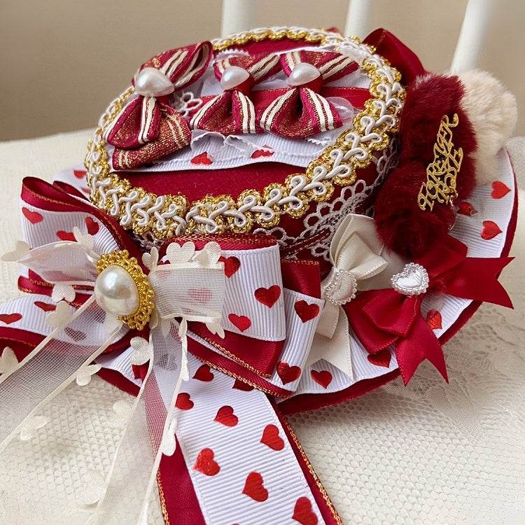 Hat Details Bowknot Design Sweet Lolita RedWhite Beaded with Heart Mini | CoyBunny