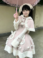 Pink Winter Sweet Bunny Theme Christmas Lolita Dress Plush Neckline and Hemline | CoyBunny