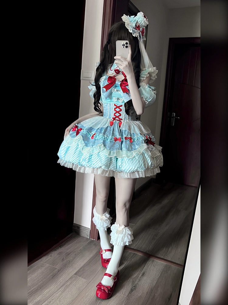 Mint Blue Idol Lolita Top with Flutter Sleeves & High Waist Bubble Skirt Set - Xiao Xin | CoyBunny