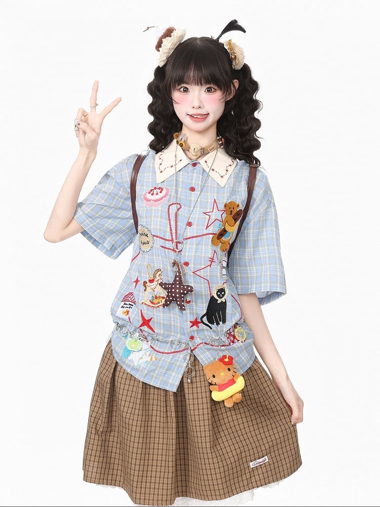 Daily Kawaii Blue Plaid Shirt with Animal Embroidery - Languid Park | CoyBunny