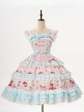 Blue Cherry Cake Print Sweet Lolita Dress with Bow Details - Strawberry Fantasy | CoyBunny