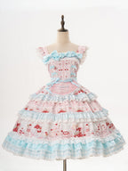 Blue Cherry Cake Print Sweet Lolita Dress with Bow Details - Strawberry Fantasy | CoyBunny