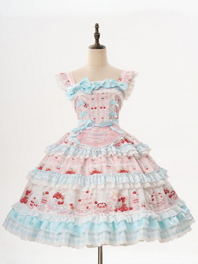 Blue Cherry Cake Print Sweet Lolita Dress with Bow Details - Strawberry Fantasy | CoyBunny