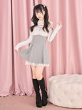 White Cut-Out Shoulder Knit Plaid Dress with Lace Trim - No Genki | CoyBunny