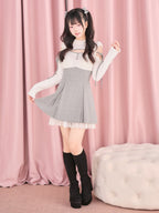 White Cut-Out Shoulder Knit Plaid Dress with Lace Trim - No Genki | CoyBunny