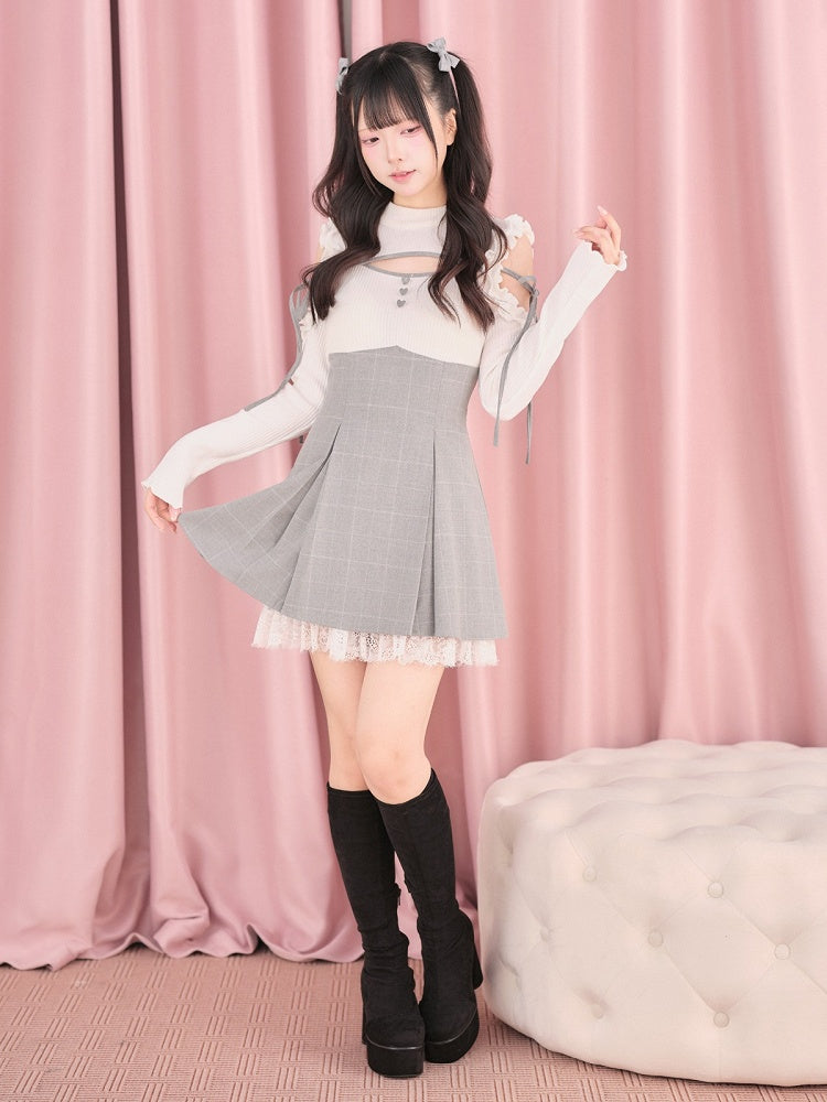 White Cut-Out Shoulder Knit Plaid Dress with Lace Trim - No Genki | CoyBunny