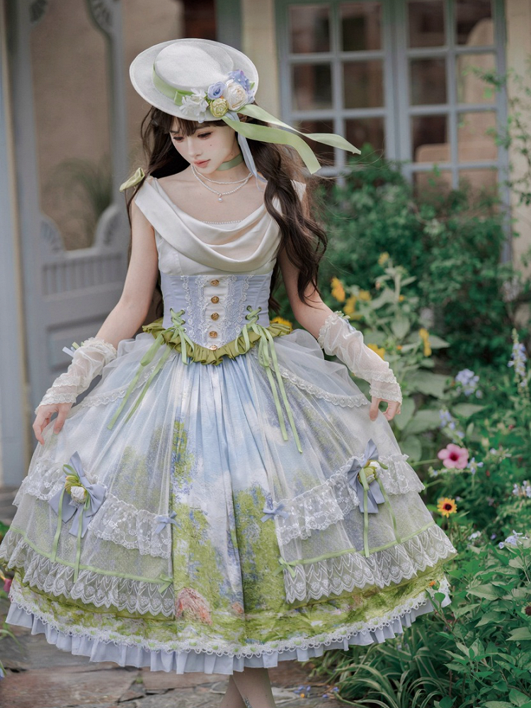 Art Print Skirt Classic Lolita Cowl Neck JSK Dress with Removable Overlay - Moonlight Dream | CoyBunny