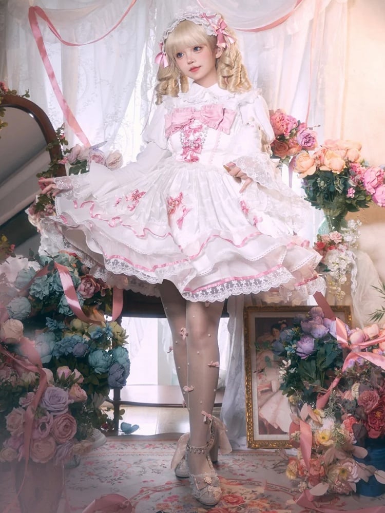 White and Pink Bowknot Details Tiered Skirt Sweet Lolita Dress Jumper Skirt | CoyBunny