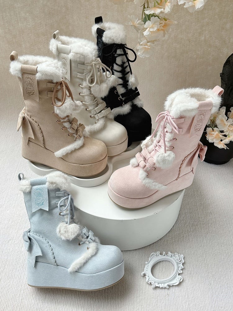 Sweet Lolita Platform Boots Pink Star Heart Bow 4cm Heel | CoyBunny