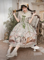 Green Cat Print Round Neck Sweet Lolita Dress with Lace Trim - NyaNya | CoyBunny