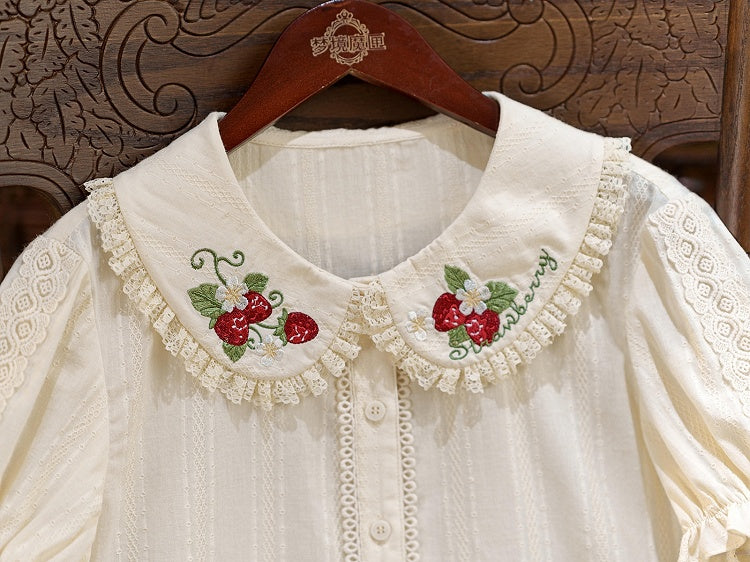 Cream Short Sleeve Lolita Blouse with Red Strawberry Embroidery Collar - Dream Magic Box | CoyBunny