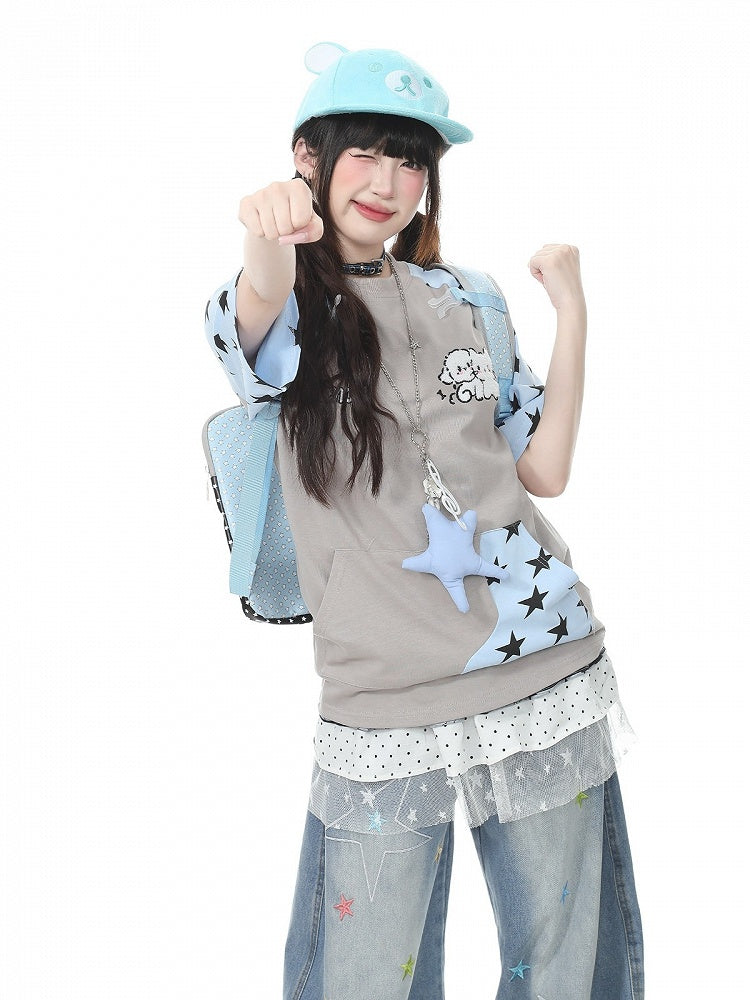 Gray Star Pattern Short Sleeve Top with Kitty Embroidery - Languid Park | CoyBunny