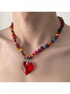 Y2K Multicolor Necklace with Red Heart Pendant - YSHXS | CoyBunny