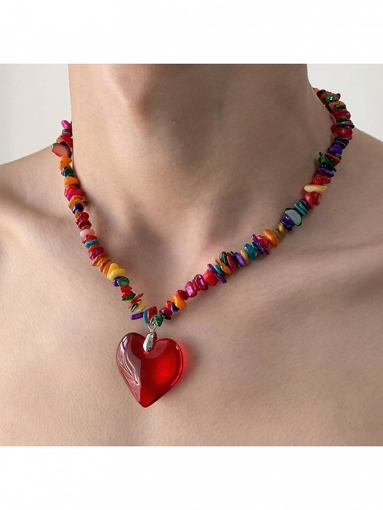 Y2K Multicolor Necklace with Red Heart Pendant - YSHXS | CoyBunny