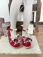 Wine Red Lace Bowknot Platform Shoes with Rabbit Ears - Cheese Mango | CoyBunny