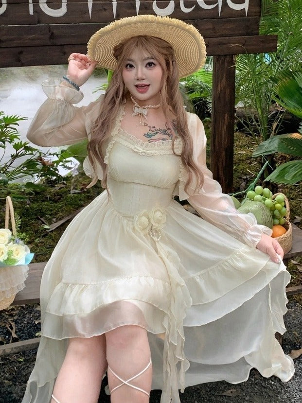 Kawaii Floral Decorated Dress with Asymmetrical Hem - Hard Candy | CoyBunny