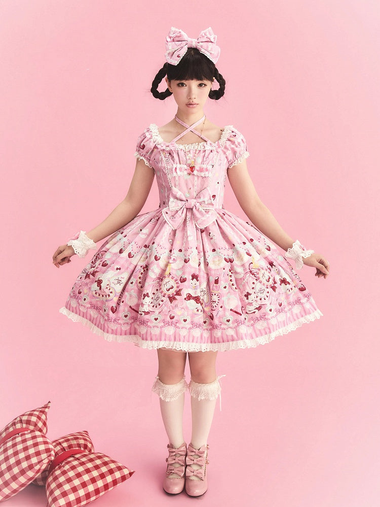 Cat Print Rose Sweet Lolita OP Dress with Removable Crisscross Halter Straps - Pastry Chef | CoyBunny