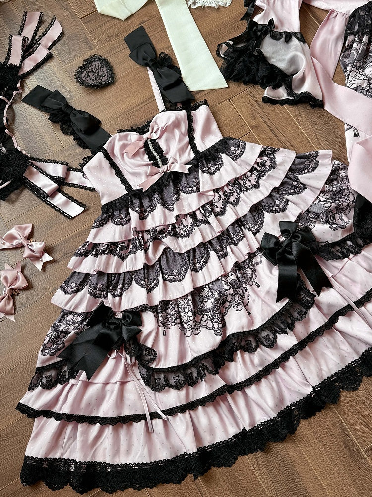 Black Pink High Waist Ruffled Lolita Jumper Skirt - Mademoiselle Pearl | CoyBunny