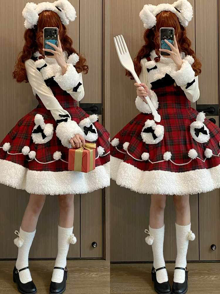 Red Plaid Pattern Winter Bunny Theme Christmas Lolita Dress Plush Neckline and Hemline | CoyBunny