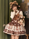Coffee Teddy Bear Sweet Lolita JSK - Chocolate Print with Lace & Big Bow | CoyBunny