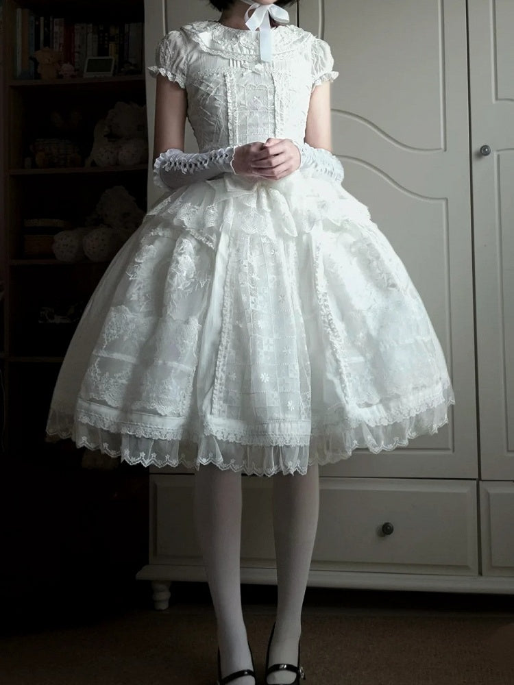 Elegant Ivory Floral Lace Applique Short OP Dress with Sash - Sleepless Unanswered | CoyBunny