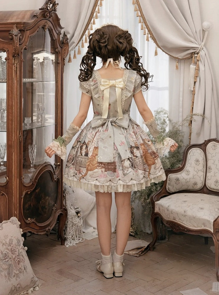 Green Cat Print Square Neckline Sweet Lolita JSK Dress with Plush Cat Patch - NyaNya | CoyBunny