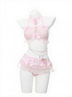 Sweet Strawberry Themed Light Pink Gingham Two-Piece Swimsuit Set Halter Top and Skirted Swim Brief - To Alice | CoyBunny