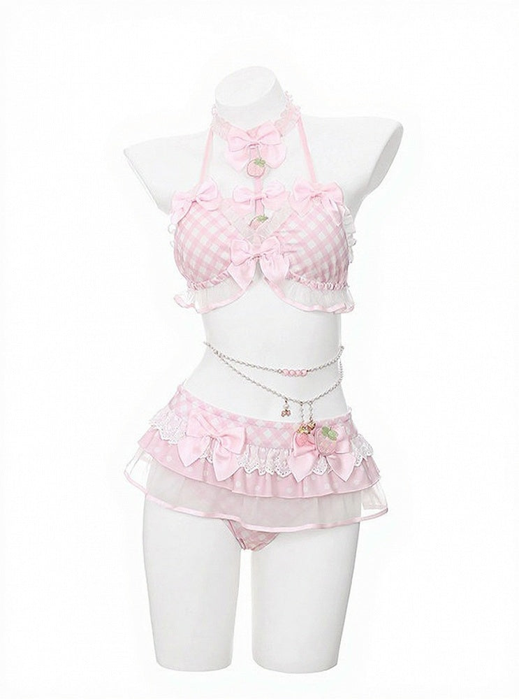Sweet Strawberry Themed Light Pink Gingham Two-Piece Swimsuit Set Halter Top and Skirted Swim Brief - To Alice | CoyBunny