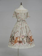 Green Cat Print Round Neck Sweet Lolita Dress with Lace Trim - NyaNya | CoyBunny