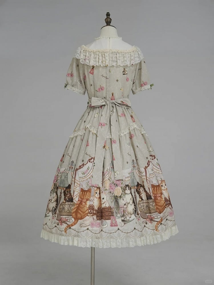 Green Cat Print Round Neck Sweet Lolita Dress with Lace Trim - NyaNya | CoyBunny
