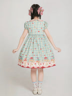 Mint Green High-Waisted Cherry and Dessert Print Sweet Lolita Gingham Dress | CoyBunny