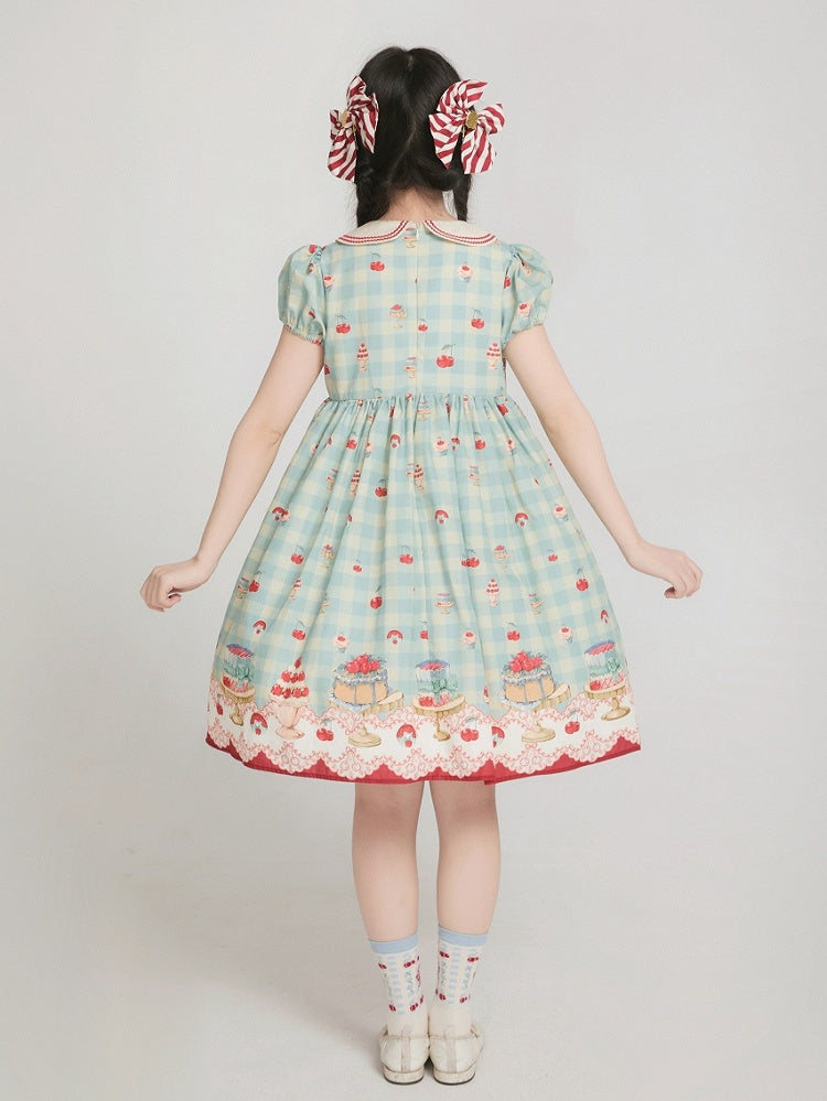 Mint Green High-Waisted Cherry and Dessert Print Sweet Lolita Gingham Dress | CoyBunny