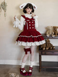 Sweet Winter Lolita Tiered Overall Dress in Red with Bunny Ear Hairband - With PUJI | CoyBunny