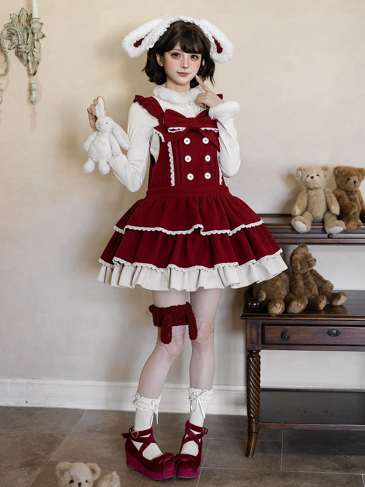 Sweet Winter Lolita Tiered Overall Dress in Red with Bunny Ear Hairband - With PUJI | CoyBunny