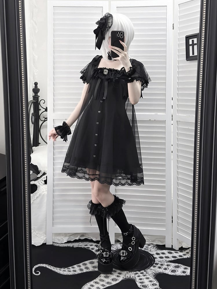 Gothic Square Neck Dress with Bow Accents - Ekomi | CoyBunny