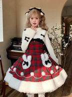 Red Plaid Pattern Winter Bunny Theme Christmas Lolita Dress Plush Neckline and Hemline | CoyBunny