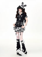 Black Bunny Ear Hooded Short Sleeve Top with Lace Print - CRAZY GIRL | CoyBunny