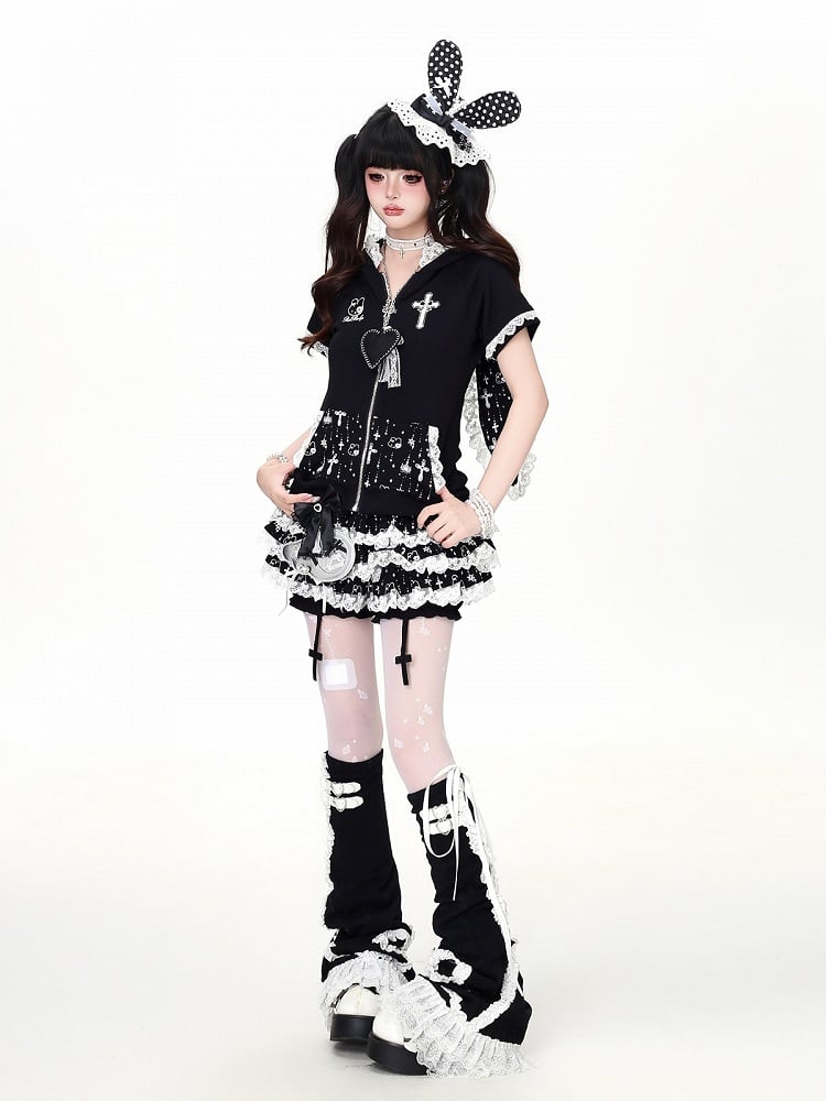 Black Bunny Ear Hooded Short Sleeve Top with Lace Print - CRAZY GIRL | CoyBunny