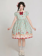 Mint Green High-Waisted Cherry and Dessert Print Sweet Lolita Gingham Dress | CoyBunny