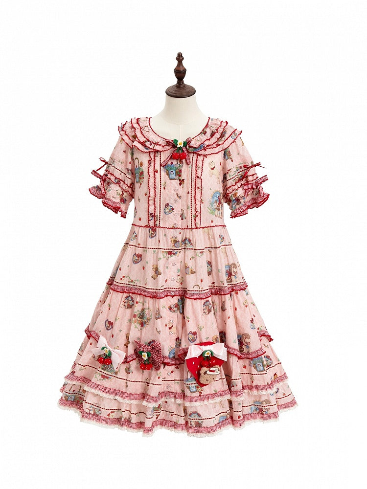 Pink Red Short Sleeve Ruffles Cottagecore Lolita OP Dress - DrunkCoco | CoyBunny