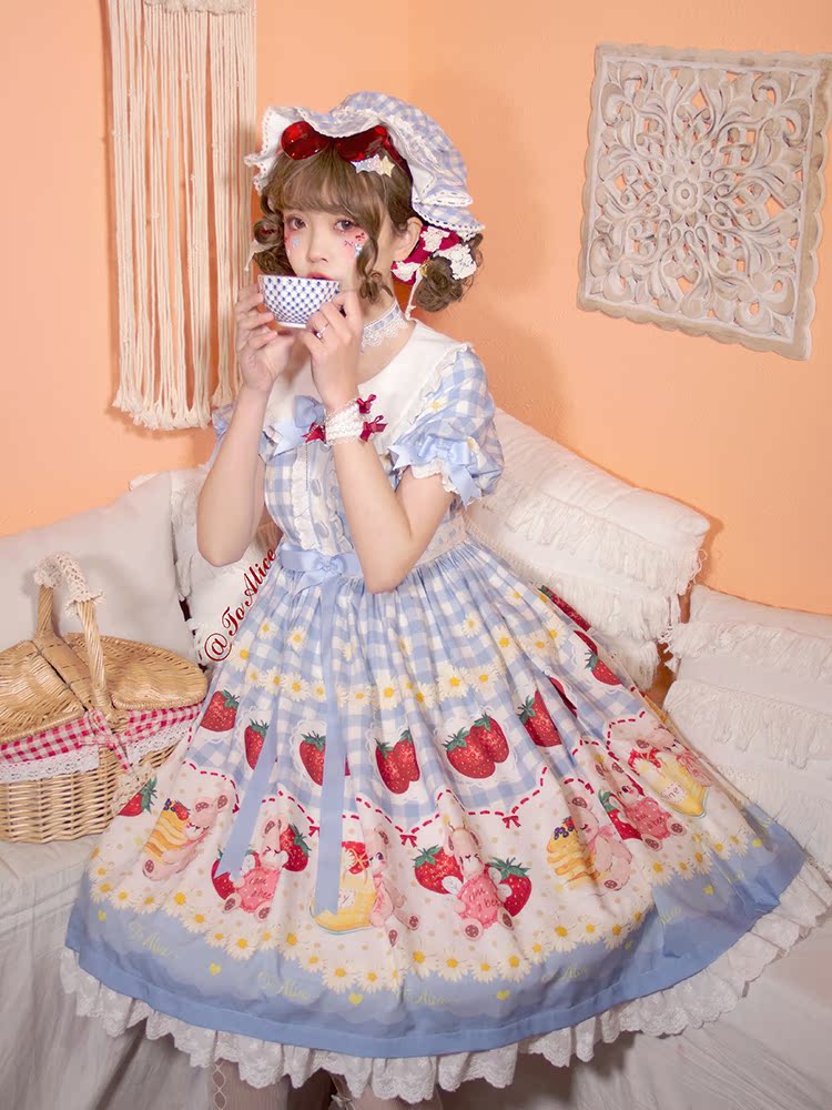 Light Blue and Wine Red Plaid Strawberry and Bear Print Cottagecore Country Dress Sweet Lolita OP | CoyBunny