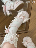 Sweet Lolita Pink Middle Heel Platform Shoes with Lace - Sheep Puff | CoyBunny