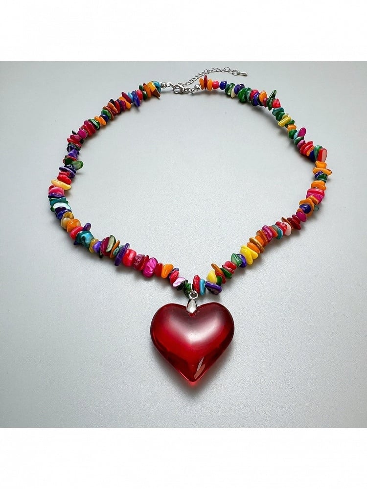 Y2K Multicolor Necklace with Red Heart Pendant - YSHXS | CoyBunny