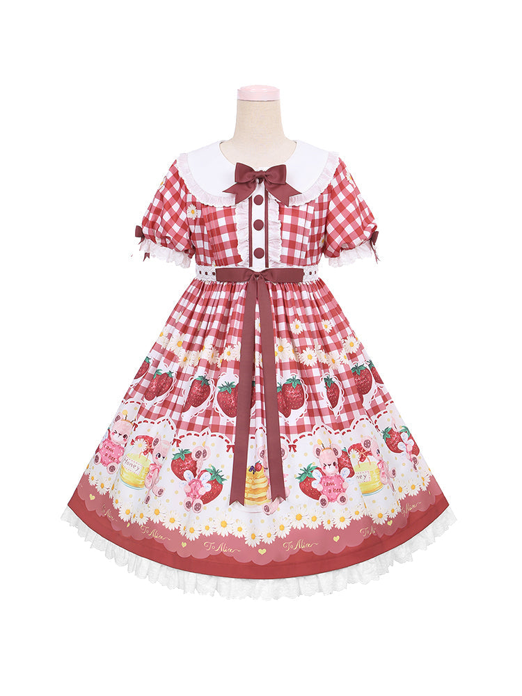 Light Blue and Wine Red Plaid Strawberry and Bear Print Cottagecore Country Dress Sweet Lolita OP | CoyBunny