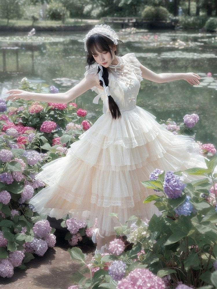 Beige Flutter Sleeve Ruffle Round Neck Tulle Tiered Skirt Lolita OP - With PUJI | CoyBunny