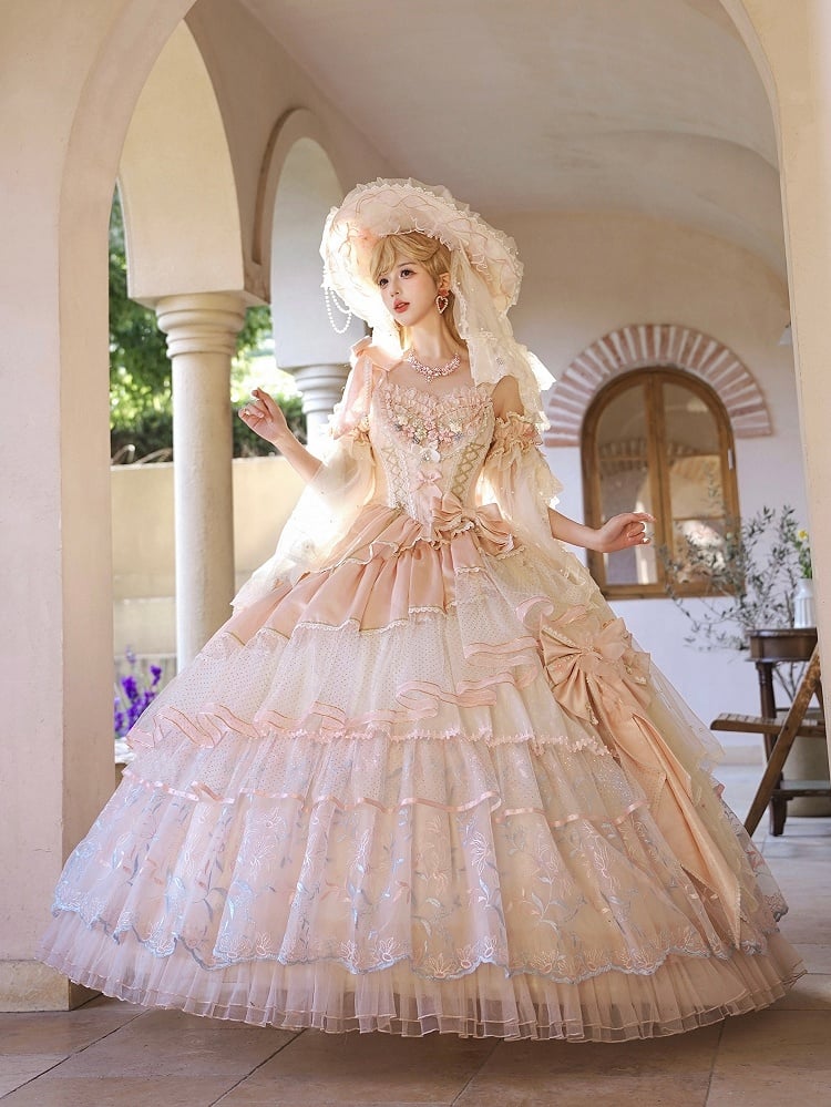 Hanayome Pink Corset Waist Hime Lolita Floor Length Dress Long Version with Floral Embroidery Layered Hem | Lukemi | CoyBunny
