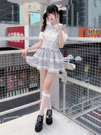 Light Dusty Blue Double-Layer Overall Skirt with Lace Trim - Puppet Bombs | CoyBunny